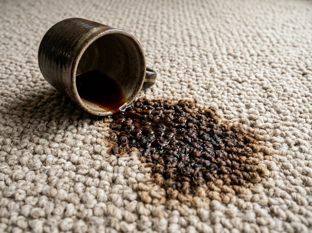 Dark coffee and red wine stains on carpet pile