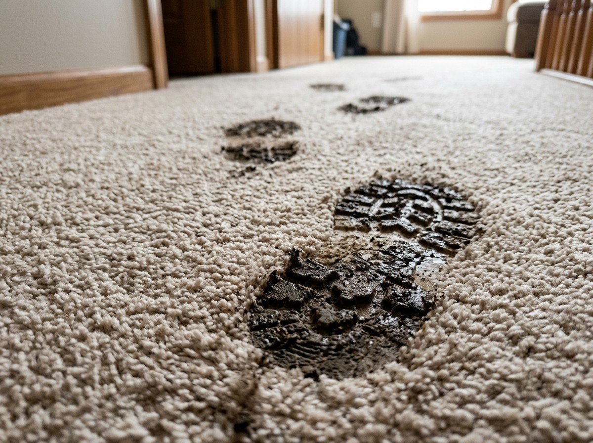 Severe muddy footprints and sand on rental carpet