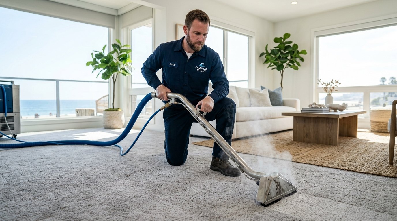 Professional Carpet Cleaning Technician Operating Steam Extraction Wand